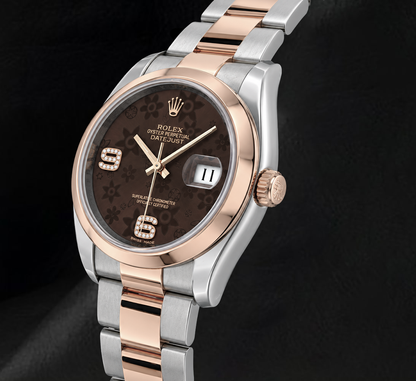 Rolex 116201 Datejust 36mm Brown Floral Arabic Diamond Dial Two Tone Watch