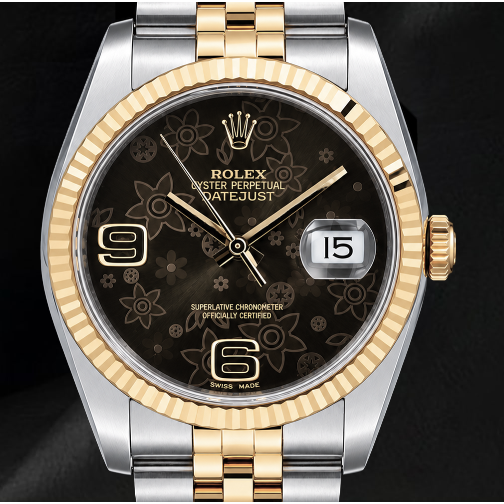 Rolex 116233 Datejust 36mm Brown Floral Arabic Dial Two Tone Watch
