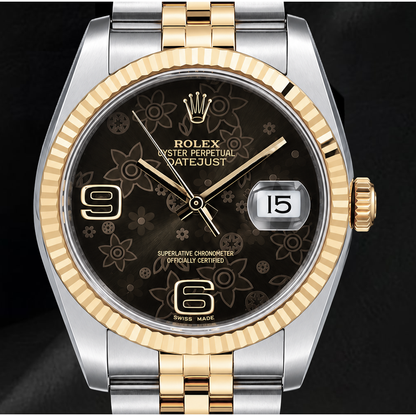 Rolex 116233 Datejust 36mm Brown Floral Arabic Dial Two Tone Watch