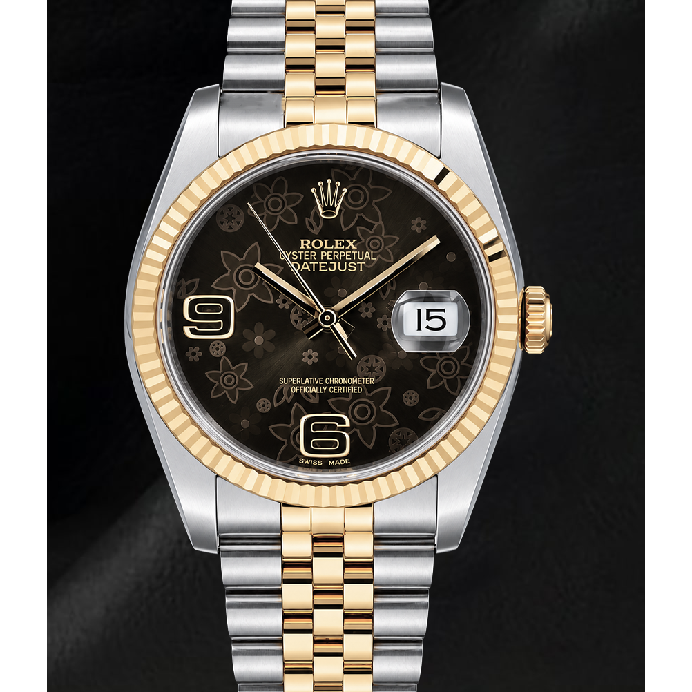 Rolex 116233 Datejust 36mm Brown Floral Arabic Dial Two Tone Watch