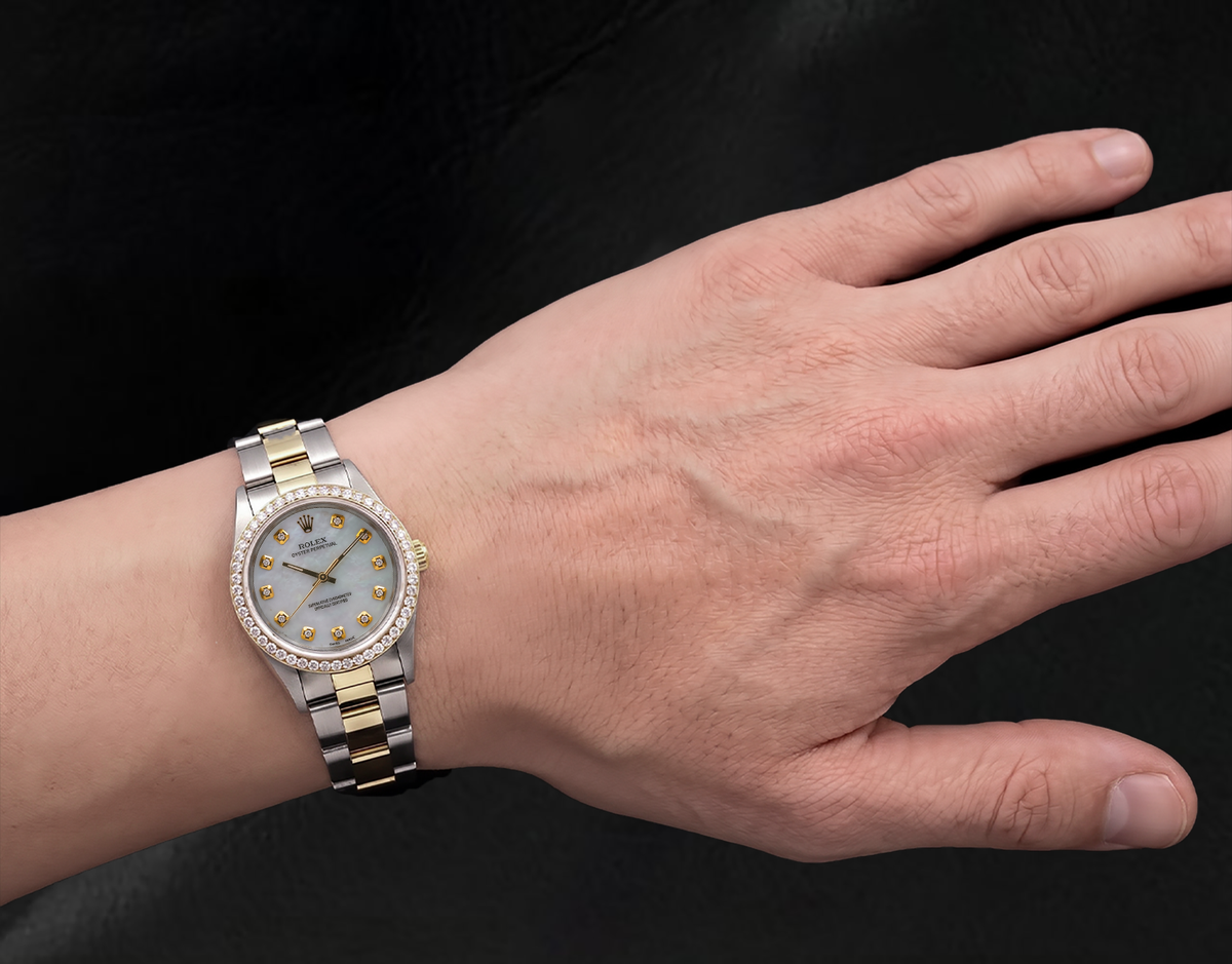 Rolex 14233 White Mother of Pearl Diamond Dial 34mm Two Tone Watch
