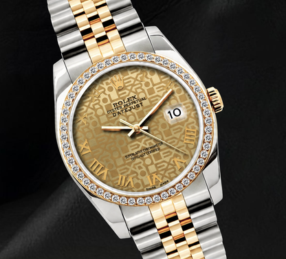 Rolex 16013 36mm Champagne Pattern Roman Dial Diamond Bezel Watch Two Tone