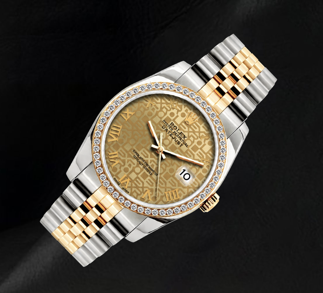 Rolex 16013 36mm Champagne Pattern Roman Dial Diamond Bezel Watch Two Tone