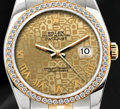 Rolex 16013 36mm Champagne Pattern Roman Dial Diamond Bezel Watch Two Tone