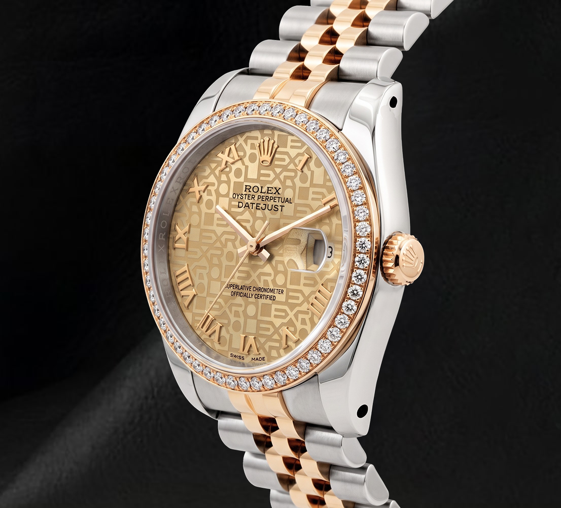 Rolex 16013 36mm Champagne Pattern Roman Dial Diamond Bezel Watch Two Tone