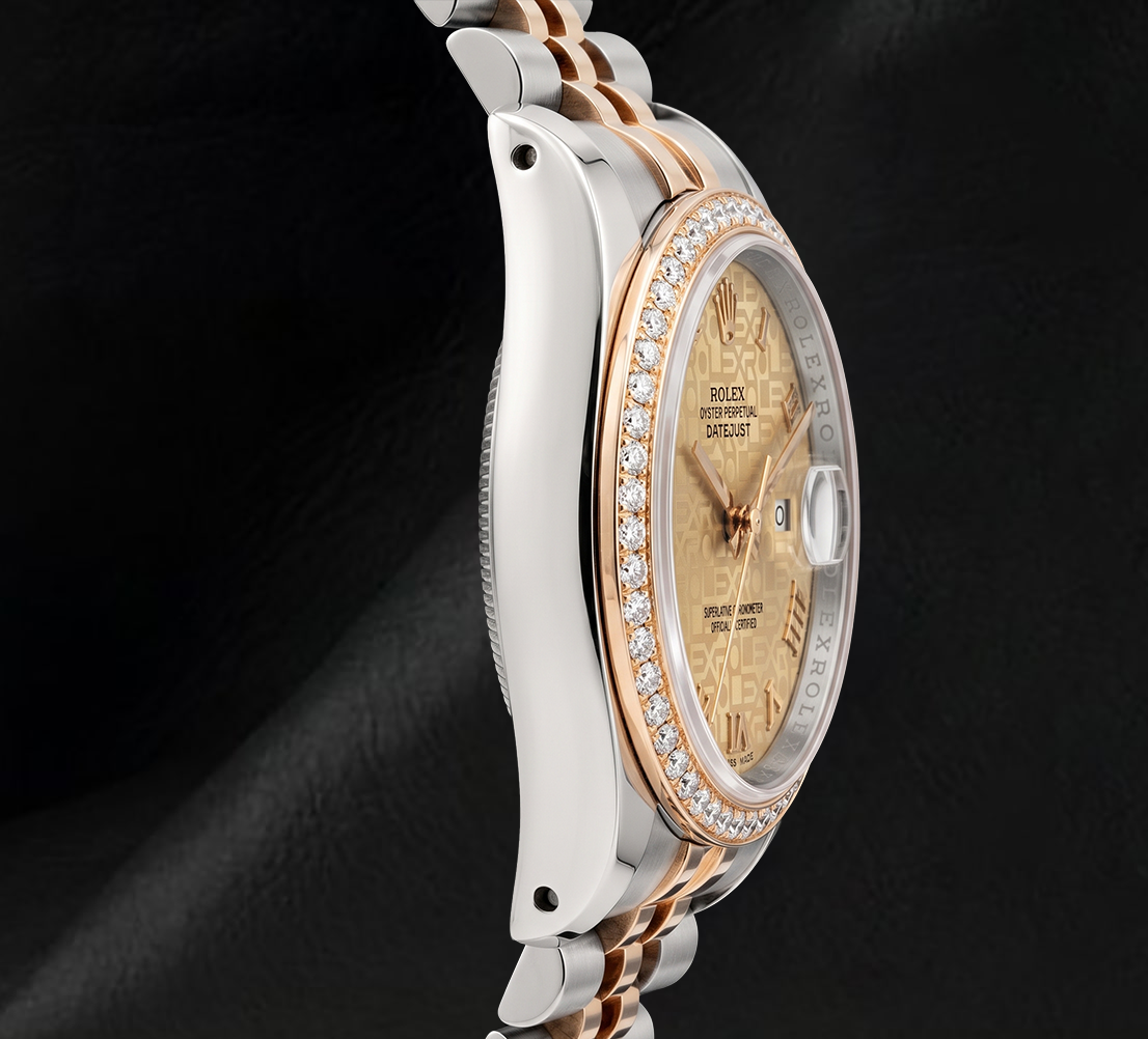 Rolex 16013 36mm Champagne Pattern Roman Dial Diamond Bezel Watch Two Tone