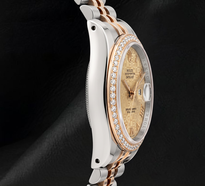 Rolex 16013 36mm Champagne Pattern Roman Dial Diamond Bezel Watch Two Tone