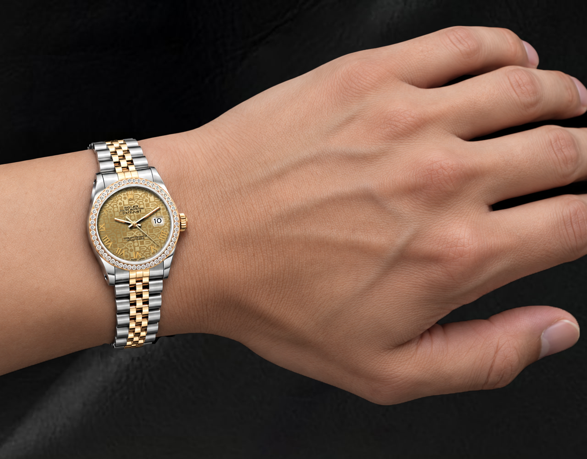 Rolex 16013 36mm Champagne Pattern Roman Dial Diamond Bezel Watch Two Tone