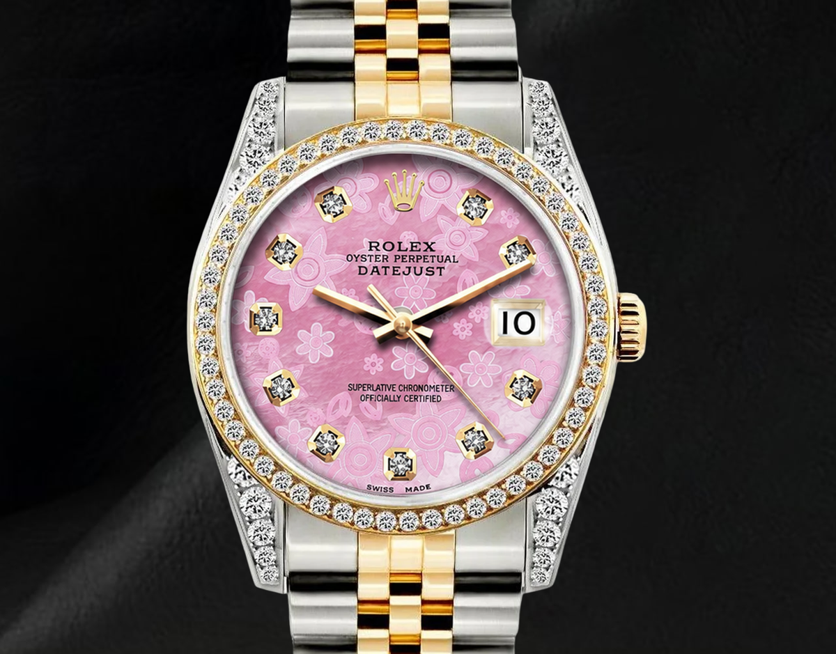 Rolex 16013 36mm Datejust  Pink Floral Diamond Dial Two Tone Watch