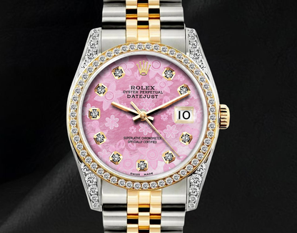 Rolex 16013 36mm Datejust  Pink Floral Diamond Dial Two Tone Watch