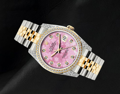 Rolex 16013 36mm Datejust  Pink Floral Diamond Dial Two Tone Watch