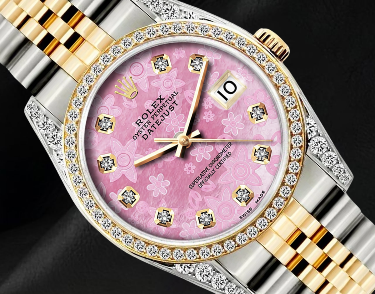Rolex 16013 36mm Datejust Pink Floral Diamond Dial Two Tone Watch