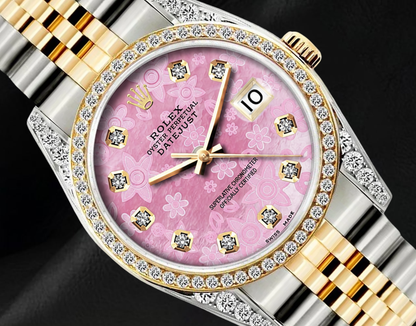 Rolex 16013 36mm Datejust Pink Floral Diamond Dial Two Tone Watch