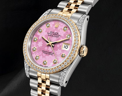Rolex 16013 36mm Datejust Pink Floral Diamond Dial Two Tone Watch