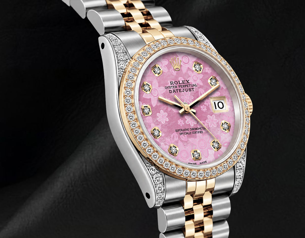 Rolex 16013 36mm Datejust Pink Floral Diamond Dial Two Tone Watch