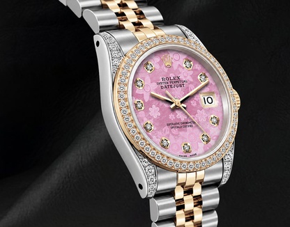 Rolex 16013 36mm Datejust Pink Floral Diamond Dial Two Tone Watch
