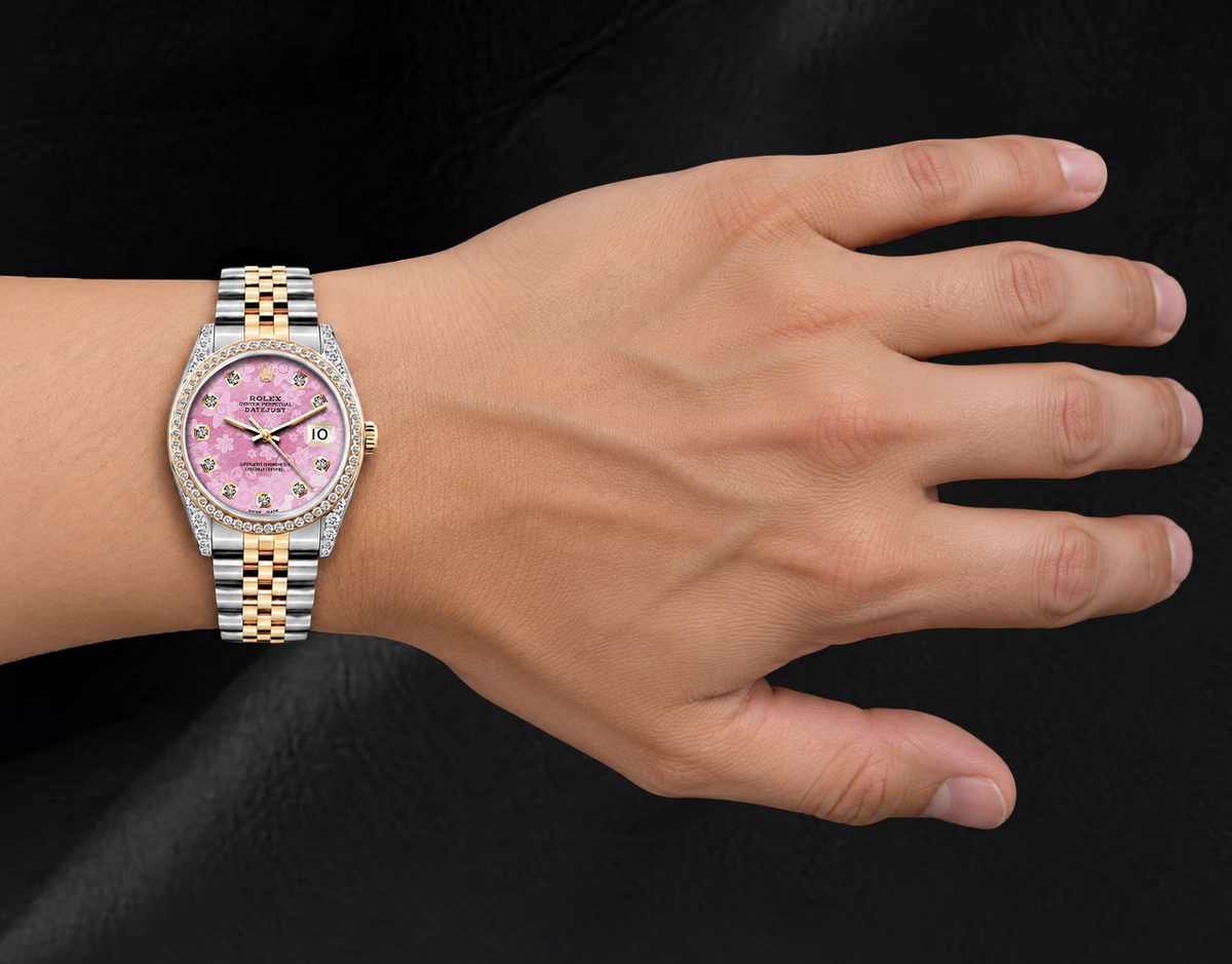 Rolex 16013 36mm Datejust Pink Floral Diamond Dial Two Tone Watch