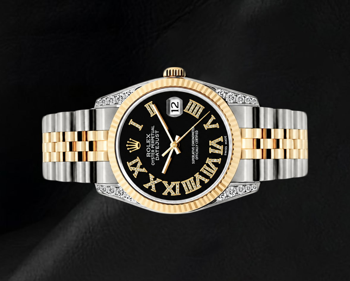 Rolex 16013 Datejust 36mm Black Roman Diamond Dial  Two tone Watch