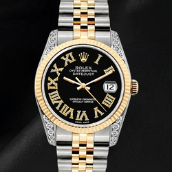 Rolex 16013 Datejust 36mm Black Roman Diamond Dial  Two tone Watch