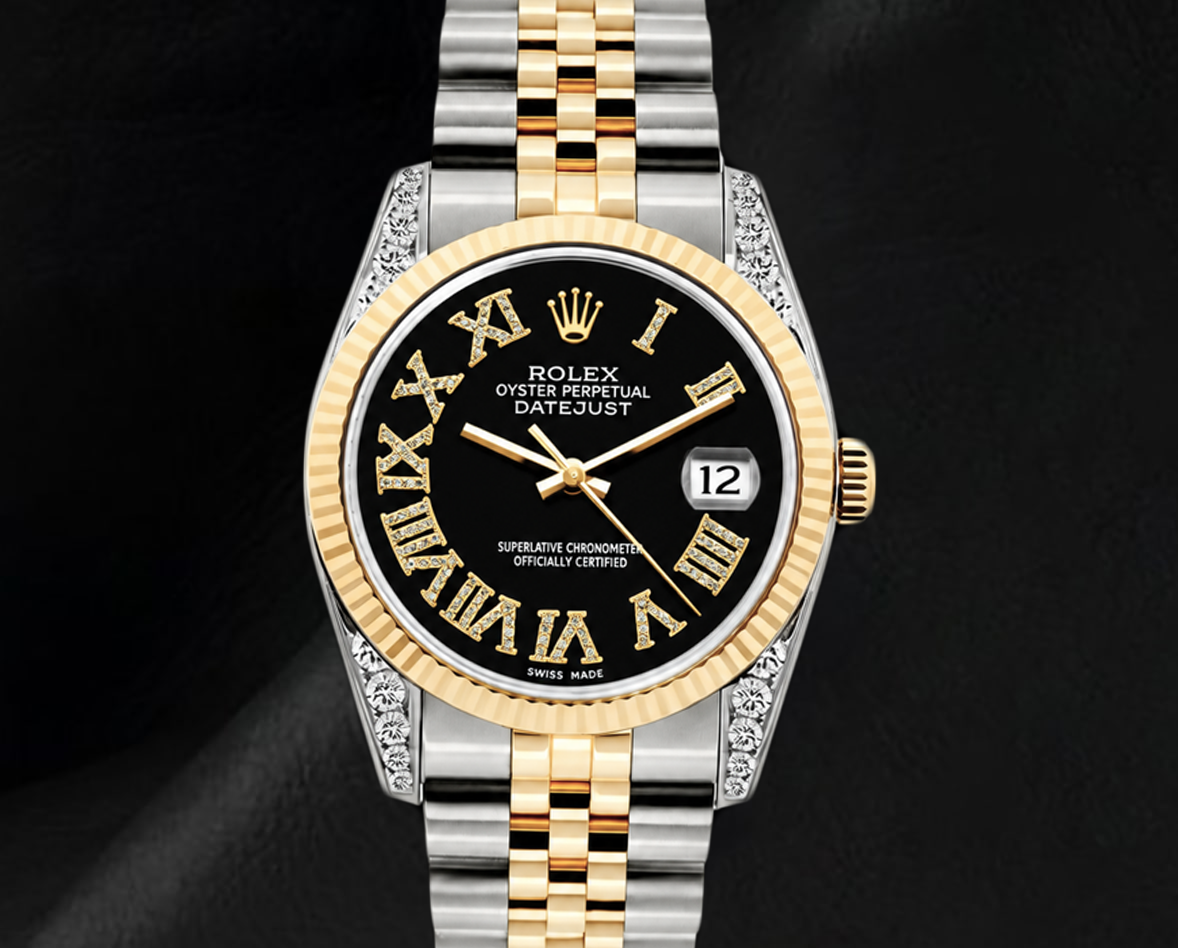 Rolex 16013 Datejust 36mm Black Roman Diamond Dial  Two tone Watch