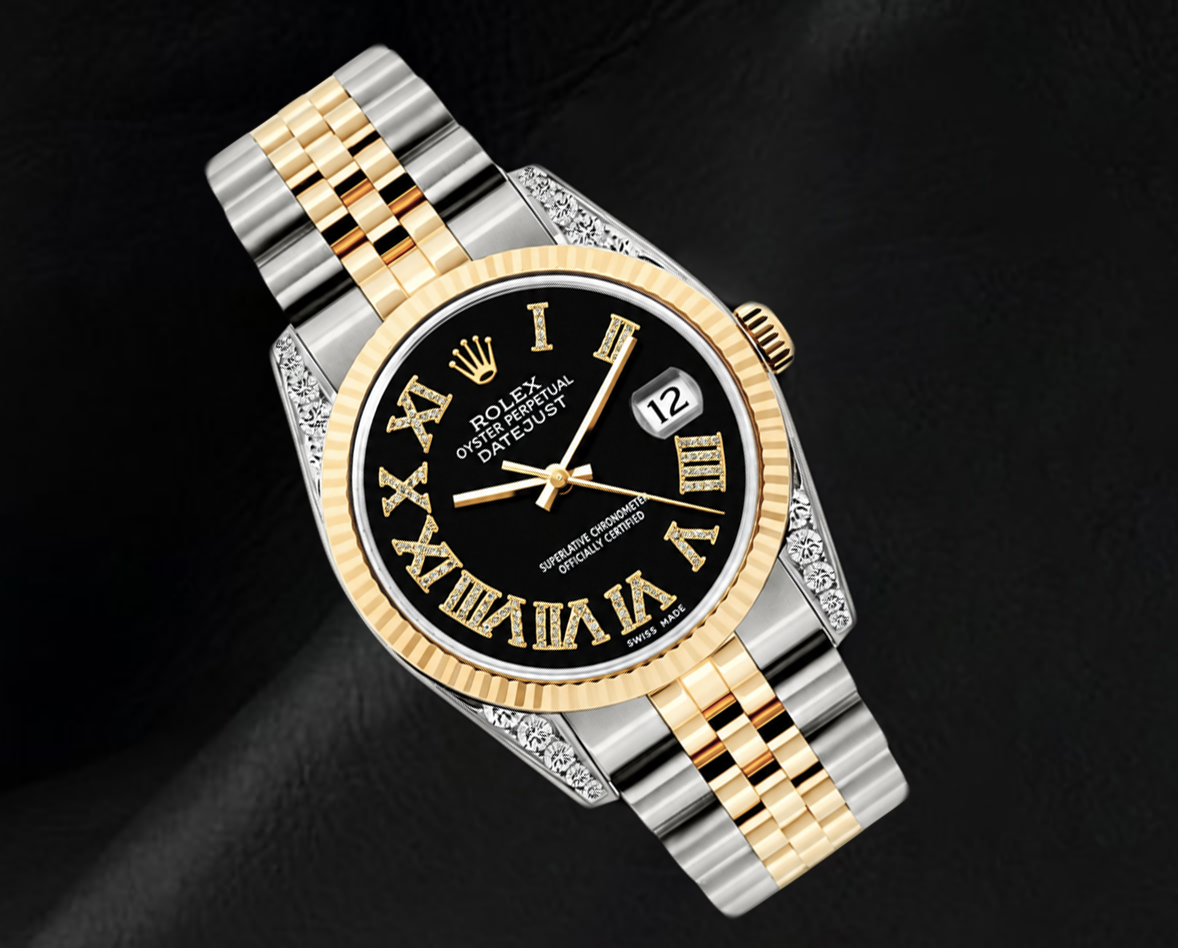 Rolex 16013 Datejust 36mm Black Roman Diamond Dial  Two tone Watch