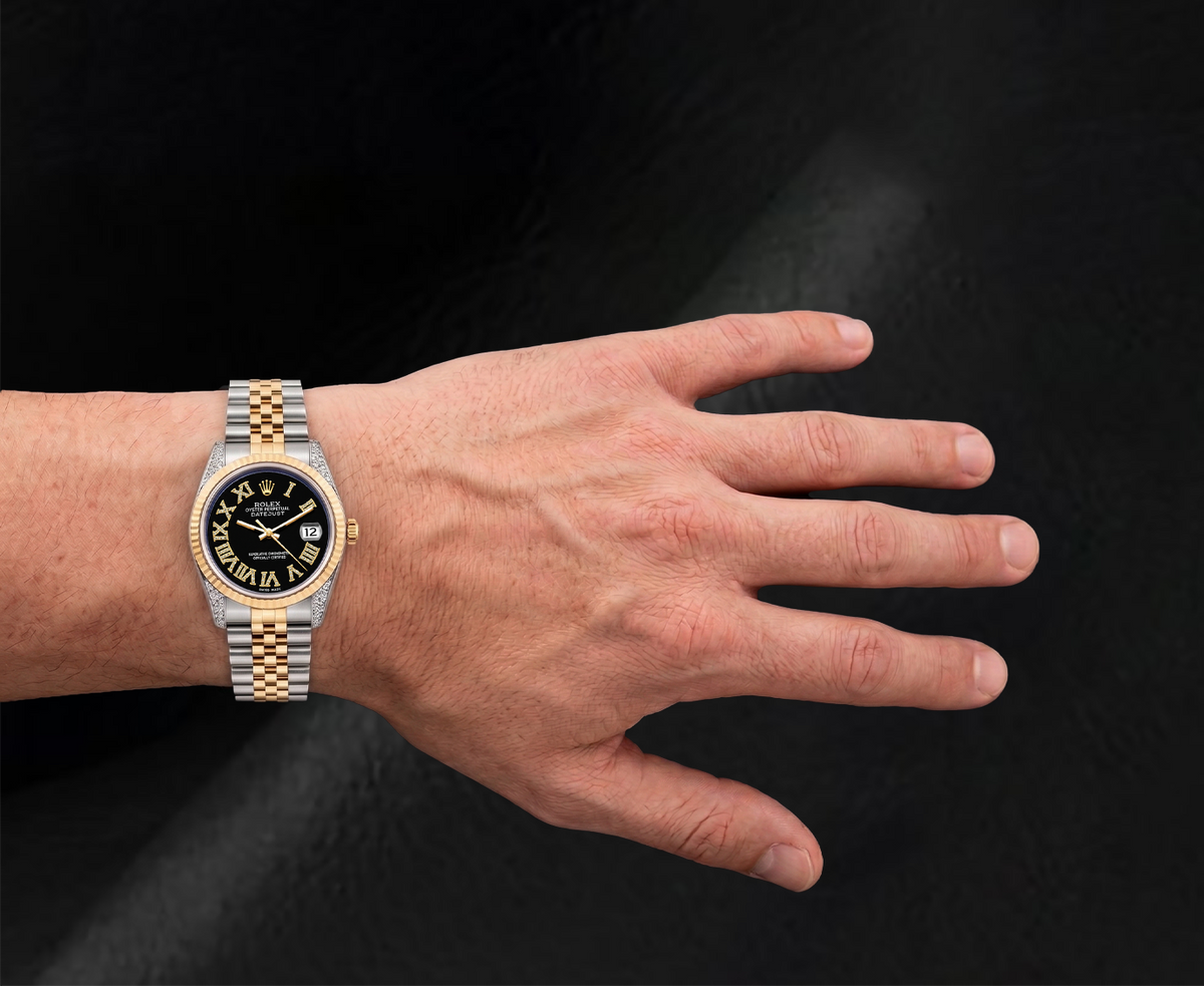 Rolex 16013 Datejust 36mm Black Roman Diamond Dial  Two tone Watch
