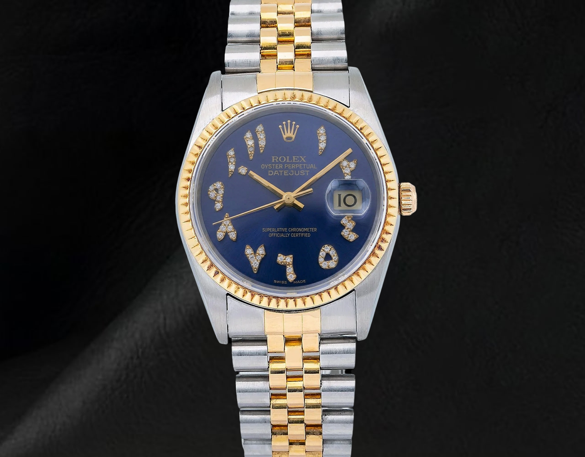 Rolex 16013 Datejust 36mm Blue Eastern Arabic Diamond Dial Two Tone Watch
