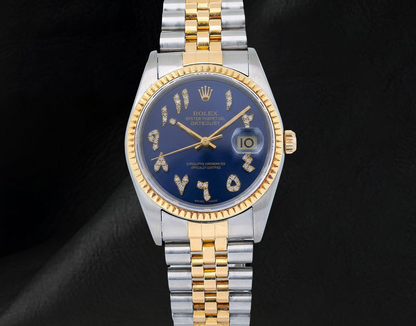 Rolex 16013 Datejust 36mm Blue Eastern Arabic Diamond Dial Two Tone Watch