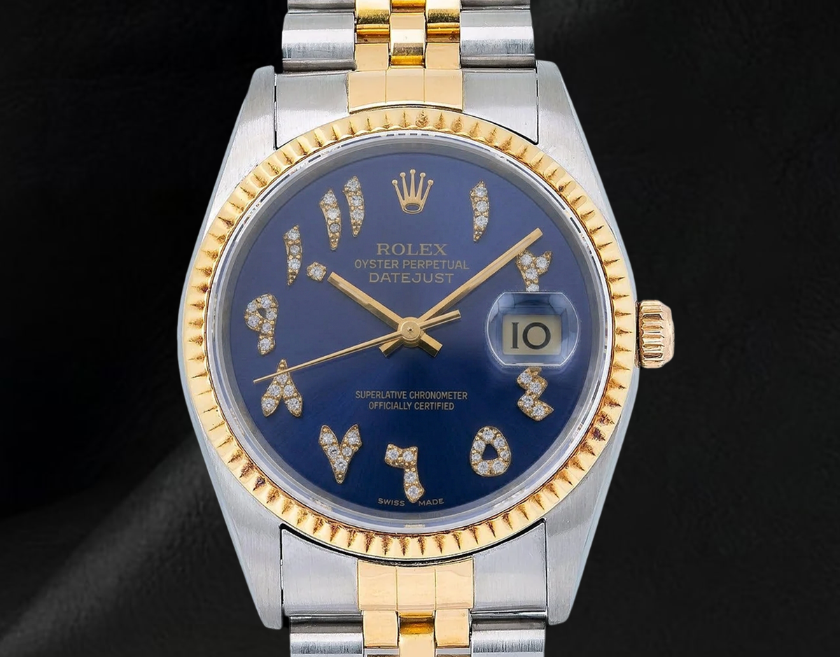 Rolex 16013 Datejust 36mm Blue Eastern Arabic Diamond Dial Two Tone Watch