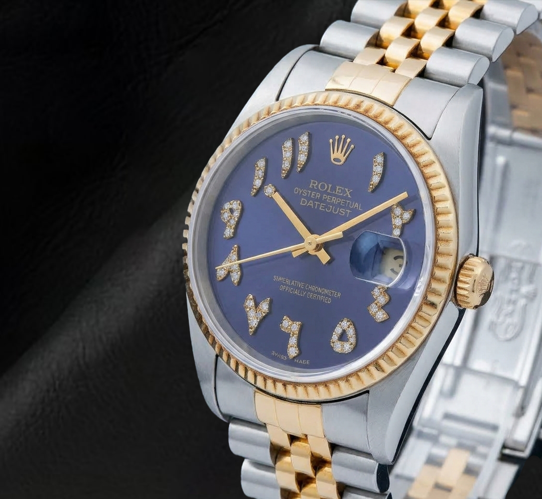 Rolex 16013 Datejust 36mm Blue Eastern Arabic Diamond Dial Two Tone Watch