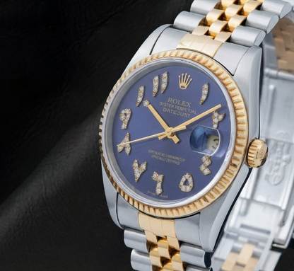 Rolex 16013 Datejust 36mm Blue Eastern Arabic Diamond Dial Two Tone Watch