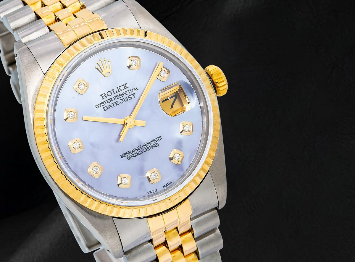 Rolex 16013 Datejust 36mm  Blue Mother of Pearl Diamond Dial Two Tone Watch