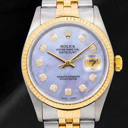 Rolex 16013 Datejust 36mm  Blue Mother of Pearl Diamond Dial Two Tone Watch