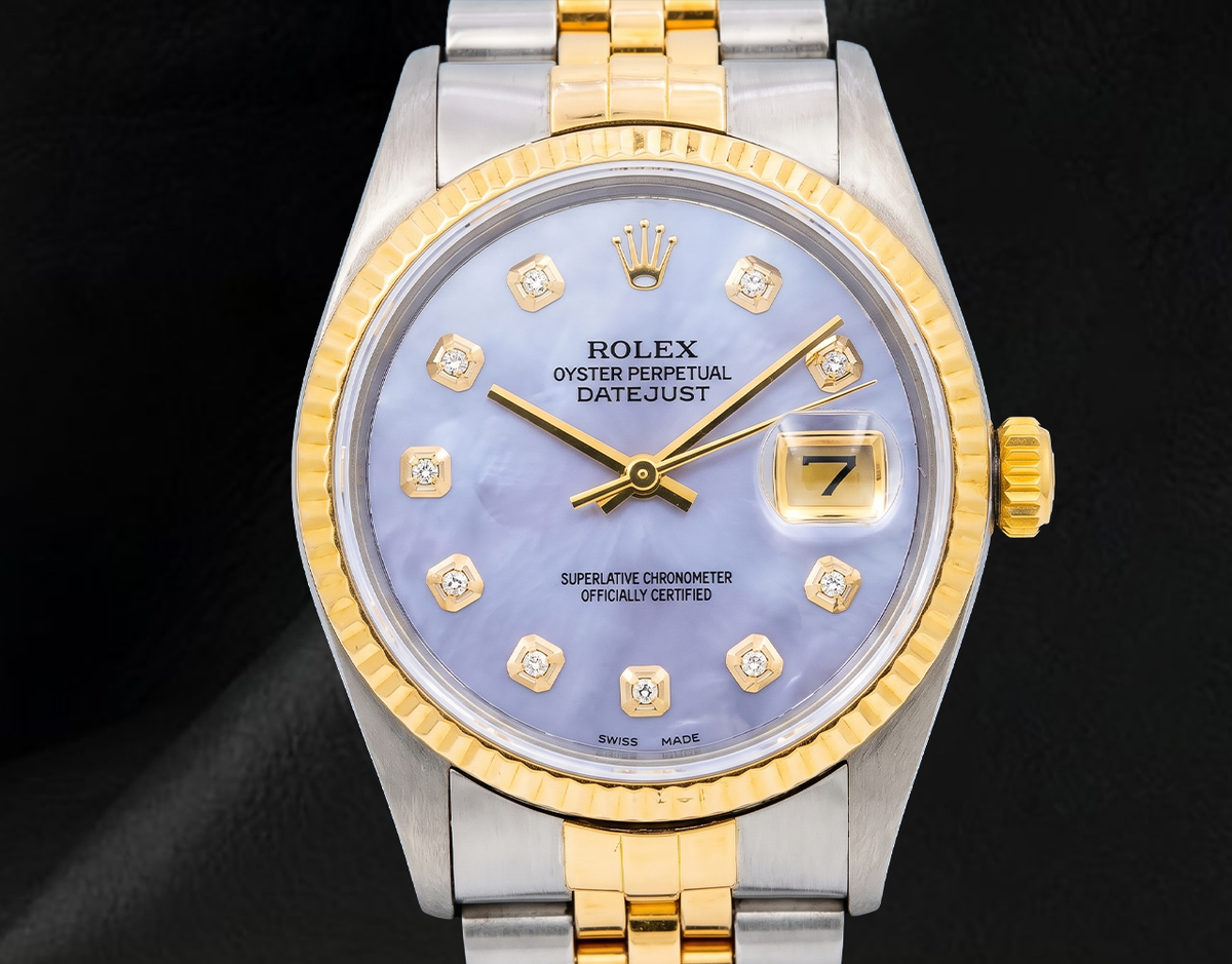 Rolex 16013 Datejust 36mm  Blue Mother of Pearl Diamond Dial Two Tone Watch