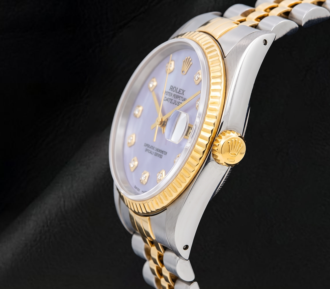 Rolex 16013 Datejust 36mm  Blue Mother of Pearl Diamond Dial Two Tone Watch