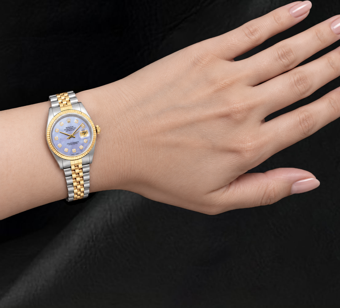 Rolex 16013 Datejust 36mm  Blue Mother of Pearl Diamond Dial Two Tone Watch