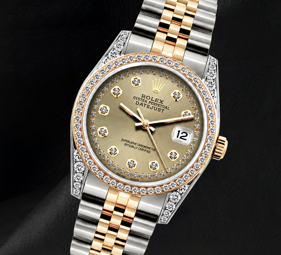 Rolex 16013 Datejust 36mm Champagne Diamond Dial Diamond Bezel Watch Two Tone