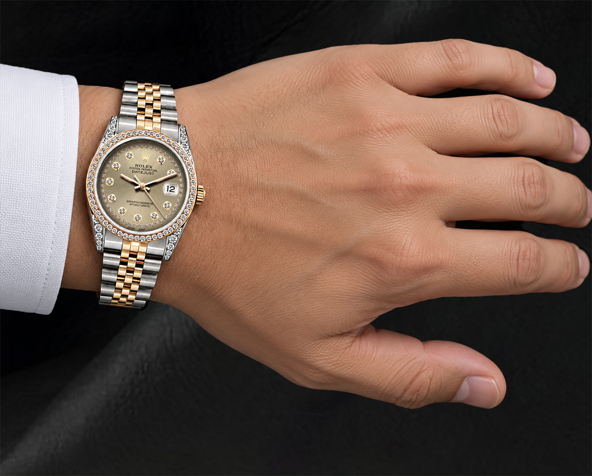 Rolex 16013 Datejust 36mm Champagne Diamond Dial Diamond Bezel Watch Two Tone