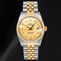 Rolex 16013 Datejust 36mm Champagne Tapestry Diamond Dial Two Tone Watch