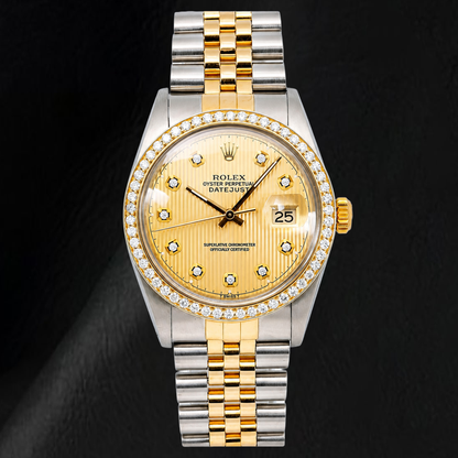 Rolex 16013 Datejust 36mm Champagne Tapestry Diamond Dial Two Tone Watch