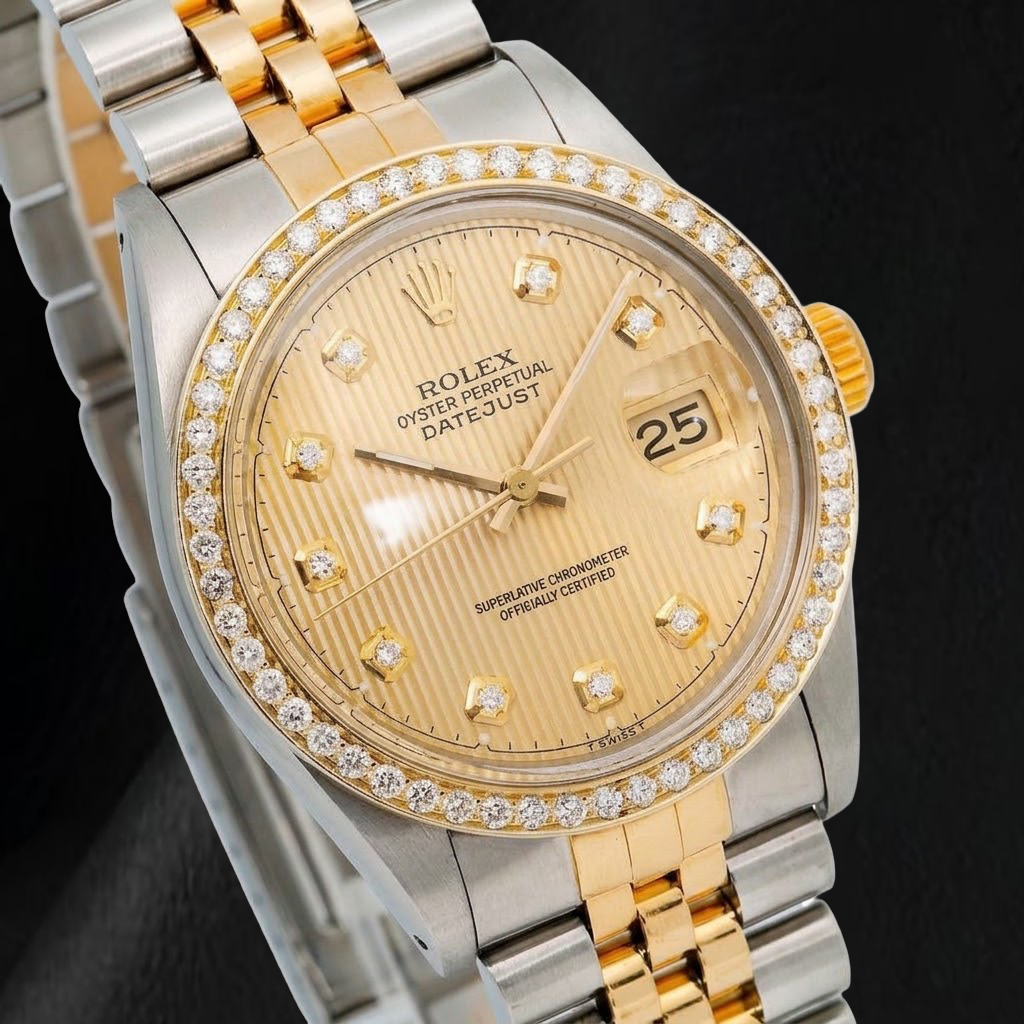 Rolex 16013 Datejust 36mm Champagne Tapestry Diamond Dial Two Tone Watch
