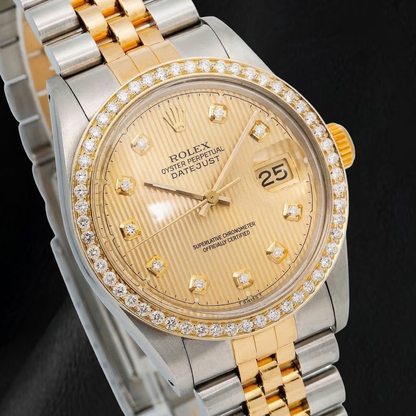 Rolex 16013 Datejust 36mm Champagne Tapestry Diamond Dial Two Tone Watch