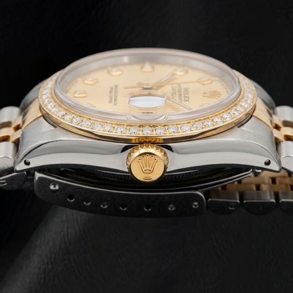 Rolex 16013 Datejust 36mm Champagne Tapestry Diamond Dial Two Tone Watch