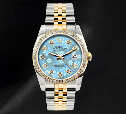Rolex 16013 Datejust 36mm Ice Blue Floral Diamond Dial Two Tone Watch