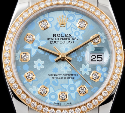 Rolex 16013 Datejust 36mm Ice Blue Floral Diamond Dial Two Tone Watch