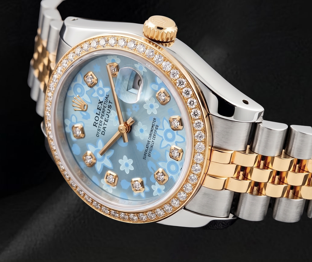 Rolex 16013 Datejust 36mm Ice Blue Floral Diamond Dial Two Tone Watch