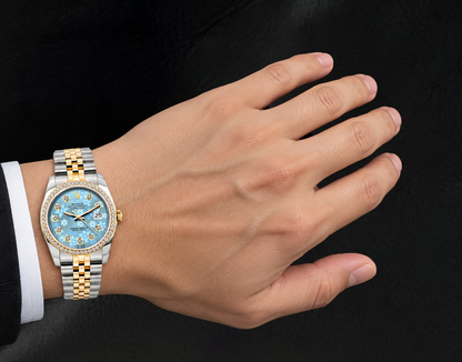 Rolex 16013 Datejust 36mm Ice Blue Floral Diamond Dial Two Tone Watch