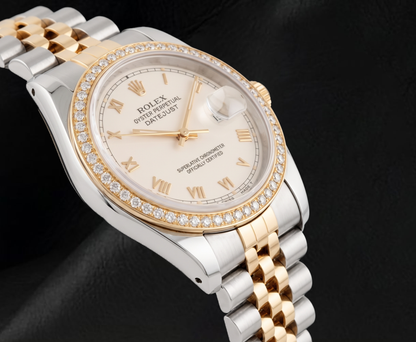 Rolex 16013 Datejust 36mm Ivory Roman Dial Two Tone Watch