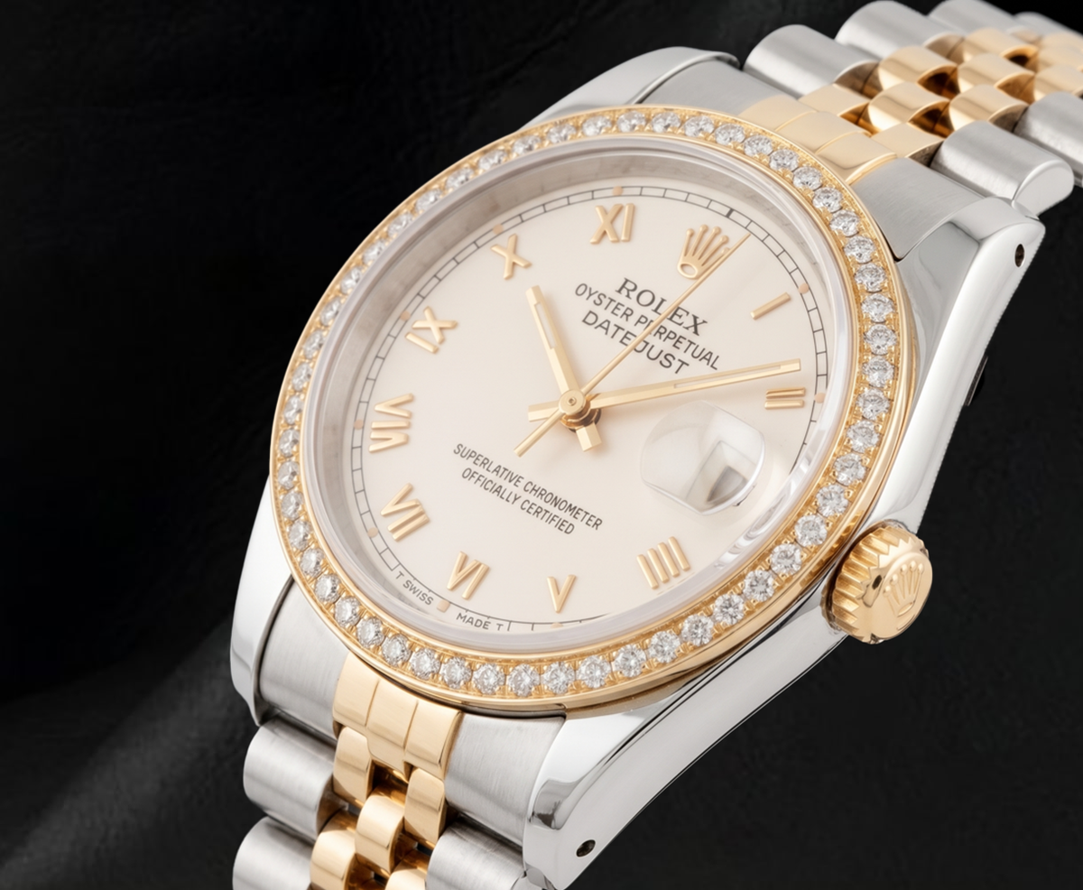 Rolex 16013 Datejust 36mm Ivory Roman Dial Two Tone Watch

