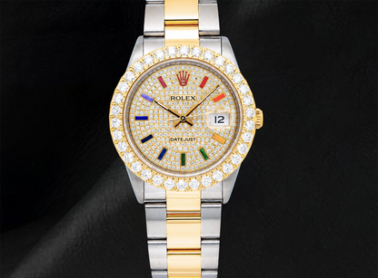 Rolex 16013 Datejust Diamond Paved Rainbow Hour Dial 36mm Watch Two Tone